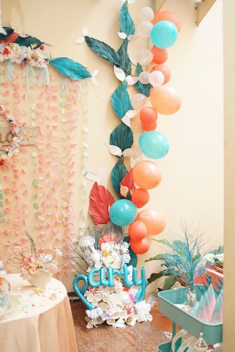 Kara's Party Ideas Coral Reef Mermaid Birthday Shell-abration | Kara's Party Ideas Coral Reef Balloons, Coral Reef Birthday Party, Coral Birthday Party, Coral Reef Mermaid, Ocean Cupcakes, Coral Party, Orange Mermaid, 7 Seas, Party Hardy