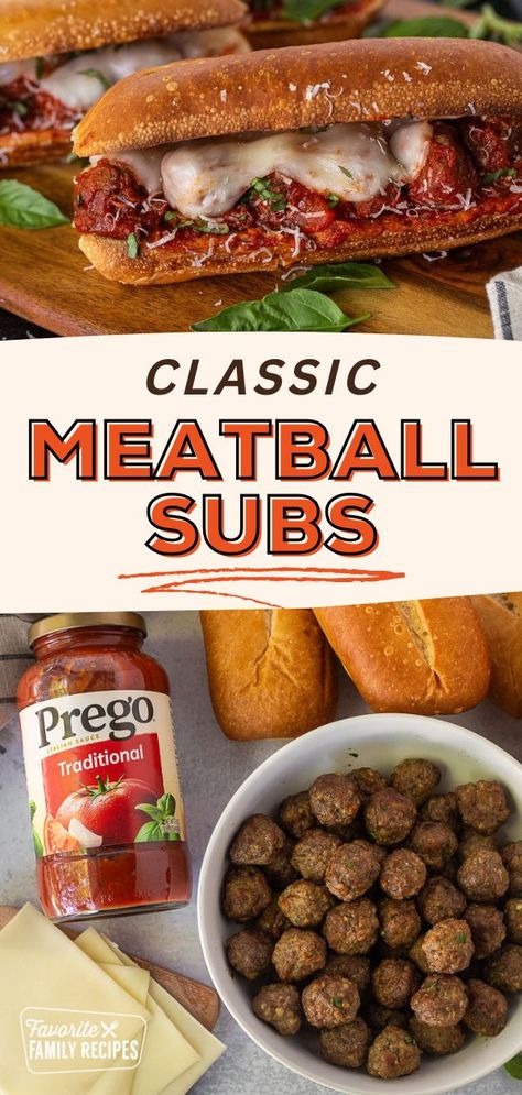 These Classic Meatball Subs are easy to make. It only takes a few ingredients to create this classic dish: meatballs, marinara sauce, provolone cheese, sandwich rolls or hoagie rolls, and fresh basil and parmesan cheese for garnish. Make restaurant-quality meatball sub sandwiches at home that will have your mouth watering! Best Meatball Subs, How To Make Meatball Subs, Meatball Subs For A Crowd, Meatball Grinders Sandwiches, Meatballs For Meatball Subs, Meatball Subs Frozen Meatballs, Meatball Subs Easy, Meatball Subs Recipes, Meatball Hoagies