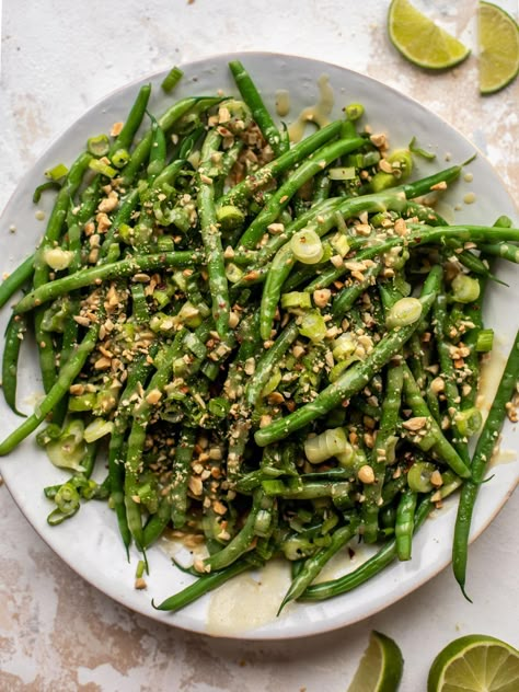 Green Bean Crunch Salad with Peanut Vinaigrette Peanut Crunch Salad, Grill Burgers, Peanut Crunch, Crunch Salad, Green Bean Salads, Holiday Snacks, Fresh Green Beans, Bean Salad, Green Bean