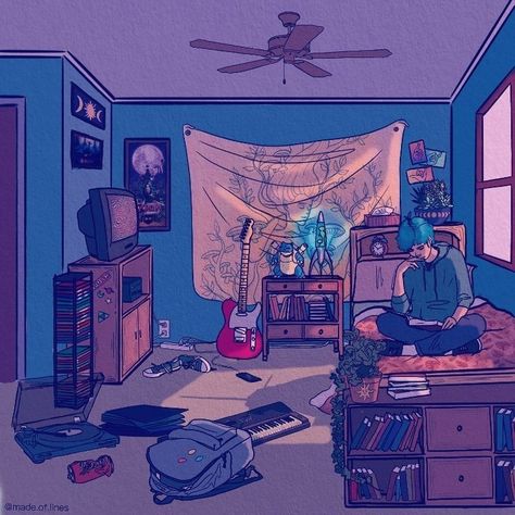 Drawing Of Room Illustration, Room Sketch Aesthetic, Bedroom Art Drawing, Gamer Room Drawing, Digital Art Bedroom Illustrations, Messy Room Drawing Reference, Bedroom Drawings Aesthetic, Person In Room Drawing, Oc Bedroom Drawing