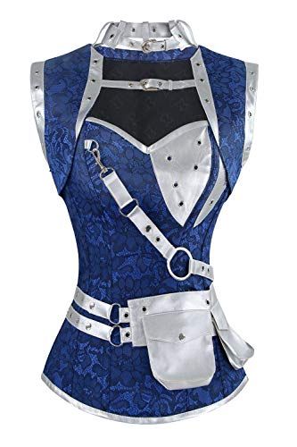 Charmian Women's Steampunk Goth Retro Spiral Steel Boned Jacket Corset with Belt Blue/Silver Small Steam Punk Corset, Bone Corset, Punk Corset, Vintage Bustier, Retro Goth, Steampunk Corset, Steel Boned Corsets, Blue Corset, Corset Fashion