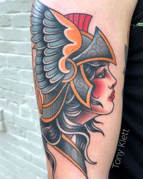 Valkyrie Traditional Tattoo, American Traditional Valkyrie Tattoo, Traditional Valkyrie Tattoo, Valkyrie Tattoo Design, Traditional Shoulder Tattoo, Fake Skin Tattoo, Traditional Tattoo Woman, 2024 Tattoo, Athena Tattoo