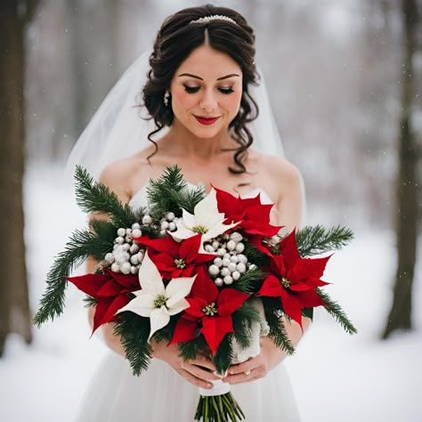 22 Lovely Winter Flowers To Inspire Centerpieces & Bouquets - Yeah Weddings Poinsettia Wedding Bouquet, Christmas Wedding Isles Decoration, White Poinsettia Wedding, Werewolf Wedding, Christmas Wedding Arch, December Wedding Flowers, Christmas Bridal Bouquet, Christmas Wedding Bouquet, December Bride