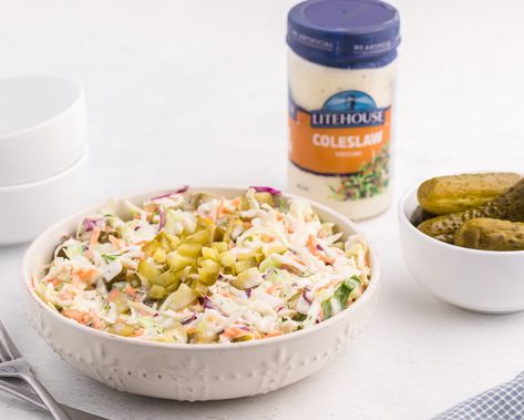 Dill Pickle Coleslaw, Pickle Coleslaw, Coleslaw Dressing Recipe, Coleslaw Dressing, Dill Pickles, Drying Dill, Pickle Juice, Coleslaw Mix, Coleslaw Recipe