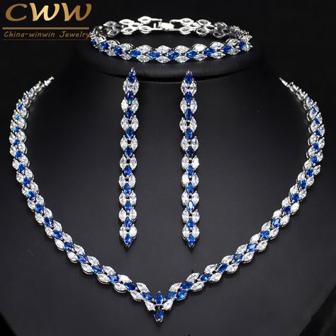 CWWZircons 3 Piece Royal Blue Cubic Zirconia Womens Wedding Party Costume Jewelry Necklace Earring Bracelet Set For Brides T038 Glamorous Jewelry, Earrings Necklace Set, Bridal Necklace Set, Cubic Zirconia Jewelry, Fashion Jewelry Sets, Costume Jewelry Necklaces, Neck Piece, Stunning Necklace, Diamond Jewellery