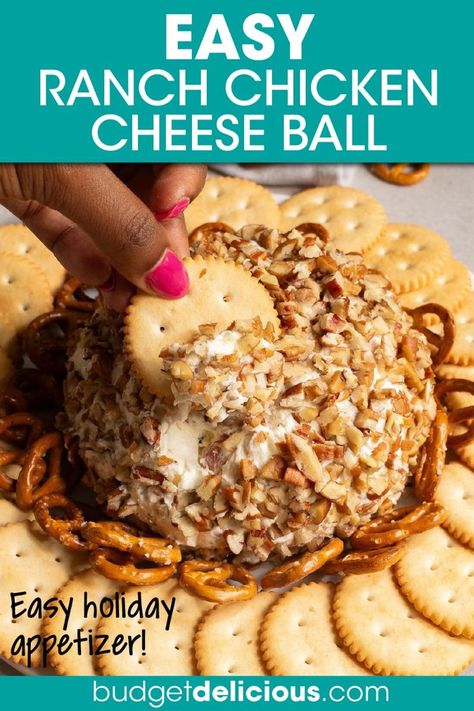 You're going to love this irresistible ranch chicken cheese ball dip! Made with cream cheese, shredded chicken, cheddar cheese, and crispy bacon, this party appetizer is full of flavor. Completed with ranch mix and  chopped pecans this bacon cheese ball is a crowd-pleaser. Whether hosting a holiday gathering, game day party, pool party, graduation party, this bacon ranch cheese ball feeds a crowd. Click for the bacon ranch cheese ball recipe. #recipe #cheeseball #appetizer #dip Chicken Bacon Ranch Cheeseball, Donkey Balls Recipe, Chicken Cheese Ball, Bacon Ranch Cheese Ball Recipe, Bacon Ranch Cheese Ball, Ranch Cheese Ball, Chicken Appetizer, Chicken Appetizer Recipes, Chicken Cheddar