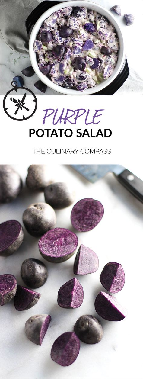 This Purple Potato Salad is an easy dish to throw together, bring to a tailgate, and show your team spirit! Purple Potato Salad, Purple Potato Recipes, Potato Salads, Purple Potatoes, Purple Sweet Potatoes, Salad With Sweet Potato, Potatoe Salad Recipe, Easy Dishes, Healthy Side Dishes