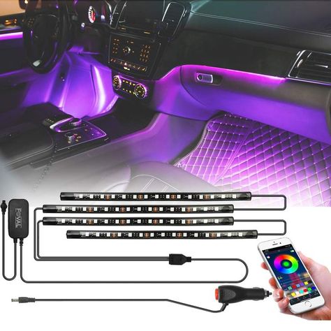 FOVAL Led Car Light Interior, 4pcs 60 Led Strips Lights for Car by APP Control, DIY Colors Music Microphone Control Under Dash Atmosphere kit RGB Lights for iPhone Android with Car Charger, DC 12V Interior Car Lights, Car Interior Lights, Lights Interior, 12v Led Lights, Light App, Interior Lights, Music Coloring, Interior Car, Car Led Lights