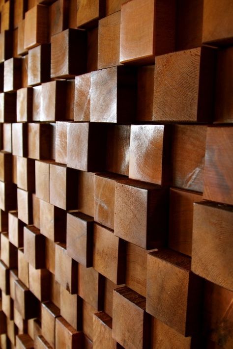 For a more organic effect cover a wall with wood blocks of different depth. Description from bellevivir.com. I searched for this on bing.com/images Japanese Shelf, Wood Block Wall, Wooden Decorations, Blue Bar, Acoustic Wall, Wall Finishes, Block Wall, Wall Fixtures, Into The Woods