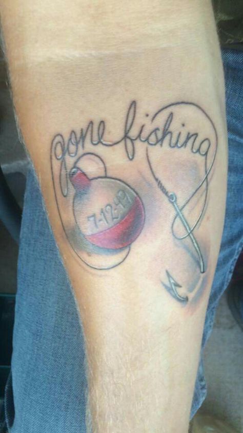 Fisherman Memorial Tattoo, Fishing Bobber Tattoo, Fishing Line Tattoo, Ice Fishing Tattoo, Father Daughter Fishing Tattoos, Fish Hook Tattoos, Gone Fishing Tattoo Memorial, Gone Fishing Tattoo, Fishing Tattoo Memorial