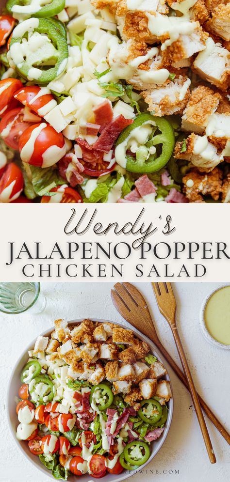 A delicious and hearty salad with chicken and all the best flavors of a jalapeno popper! It's a copycat for Wendy's Jalapeno Popper Chicken Salad and the best part is you can make this right at home! Jalapeno Popper Chicken Salad, Loaded Salads, Clean Meal Ideas, Food Prep Healthy, Salads For Kids, Sausage Salad, 3 Ingredient Dinners, Suddenly Salad, Salad Recipes Healthy Lunch