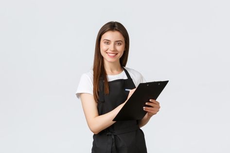 Grocery store employees, small business ... | Premium Photo #Freepik #photo #food #coffee #people #restaurant Black Apron, Market Shopping, Clipboard, Coffee Shops, White Wall, Premium Photo, Grocery Store, Mix And Match, Creative Market