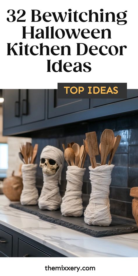 Discover spooktacular Halloween kitchen decor ideas to add a touch of festive charm to your home this season. From eerie centerpieces to ghostly dishware, bring the Halloween spirit into your kitchen with these creative and fun decorations. Transform your space into a haunted hideaway with simple yet stylish touches that will delight guests of all ages. Whether you prefer subtle accents or bold statement pieces, there are endless possibilities to customize your kitchen for the holiday. Get inspi Top Of Kitchen Cabinet Halloween Decor, Halloween Kitchen Cabinet Decor, Kitchen Halloween Decorations, Halloween Kitchen Decor Ideas, Halloween Decorations Kitchen, Spooky Kitchen, Halloween Kitchen Decor, Halloween Apothecary, Fun Decorations