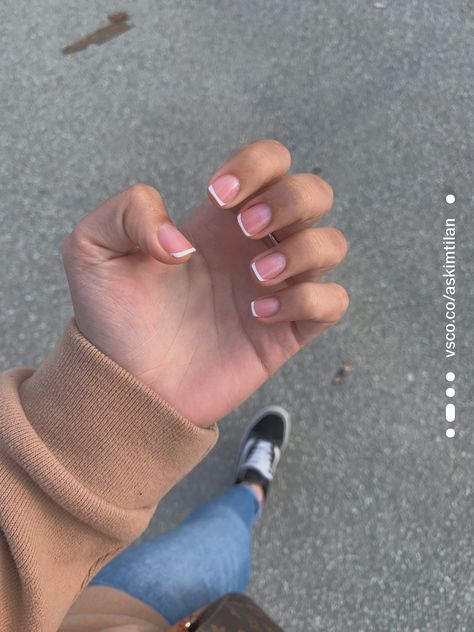 Frenchies On Natural Nails, Natural Pink French Manicure, Short Nursing Nails, Short French Sns Nails, Natural Nail French Tip Gel, Round Micro French Tip Nails, French Natural Nails Short, Short Acrylic Nails Nurse, Short Nail Bed French Tip