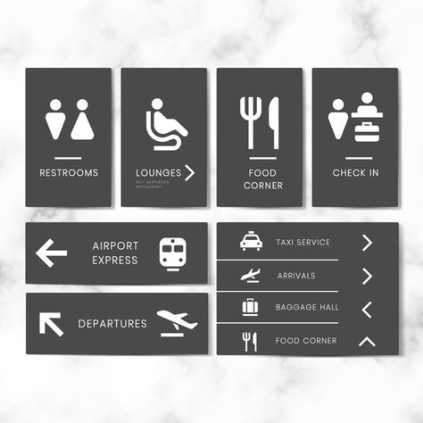 Airport signs icon vector set Free Vecto... | Free Vector #Freepik #freevector #background #food #travel #icon Lift Signage, Airport Signage, Hospital Signage, Room Signage, Airport Signs, Wayfinding Signage Design, Office Signage, Wayfinding Signs, Navigation Design