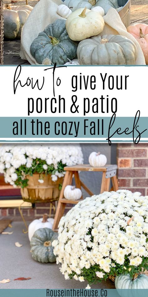 Fall Front Porch Decor Blue House, Fall Outdoor Decor Front Porch Diy, Back Deck Fall Decor, Fall Curb Appeal Porch Ideas, Modern Fall Porch Decorating Ideas, Classy Fall Front Porch Decor, Halloween Porch Planter Ideas, Back Porch Fall Decorating Ideas, Fall Porch Table Decor