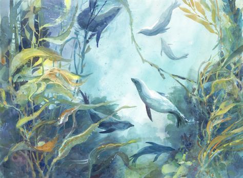 Kelp forest Santa Cruz Channel Islands watercolor painting Margy Gates Kelp Forest Drawing, Giant Kelp Drawing, Trippy Wall Paintings, Kelp Watercolor, Kelp Forest Watercolor, Creature Painting, Month Inspiration, Underwater Plants Painting, Kelp Forest Desktop Wallpaper