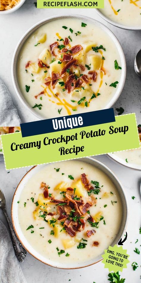 Need a quick and comforting meal idea? This Creamy Crockpot Potato Soup Recipe is just what you're looking for! Enjoy a delicious, creamy dish that simmers to perfection in your slow cooker. Be sure to save this for your future crockpot cooking adventures! Crockpot Creamy Potato Soup, Crockpot Loaded Potato Soup, Potato Soup Crockpot Recipes, Potato Soup Crock Pot Easy, Crockpot Potato Soup, Crockpot Potato, Slow Cooker Potato Soup, Potato Soup Easy, Potato Soup Crock Pot