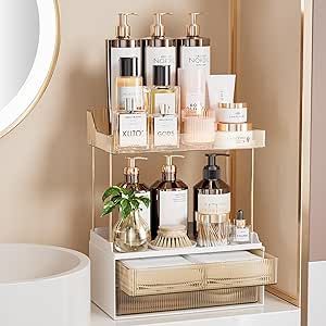 Delamu 2-Tier 2-Drawer Bathroom Organizer Countertop, Multi-Purpose Makeup Organizer Countertop, Large Skincare Organizers, Exquisite Vanity Organizer, Amber Vanity Countertop Organization, Bathroom Vanity Countertop Organization, Amber Bathroom, Makeup Organizer Countertop, Bathroom Organizer Countertop, Bathroom Counter Organizer, Ideas Candles, Organize Bathroom Countertop, Bathroom Vanity Countertop