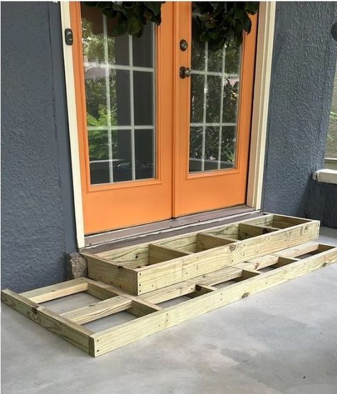 Backdoor Steps Ideas, Concrete Patio Wood Steps, Diy Patio Steps, Backdoor Stairs, Steps Into House, Diy Steps Outdoor, Shed Steps, Patio Stairs Ideas, Back Steps To House