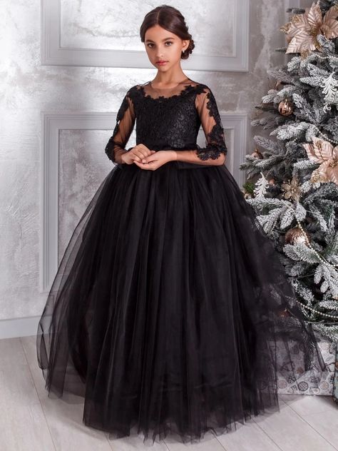 56.95US $ 50% OFF|Black Flower Girl Dresses Tulle Appliques With Bow Long Sleeve For Wedding Birthday Party First Communion Gowns| |   - AliExpress Black Flower Girl Dress, Dresses Tulle, Flower Girl Dresses Tulle, Black Wedding Dresses, Black Flower, Long Black Dress, Off Black, First Communion, Girl Dresses