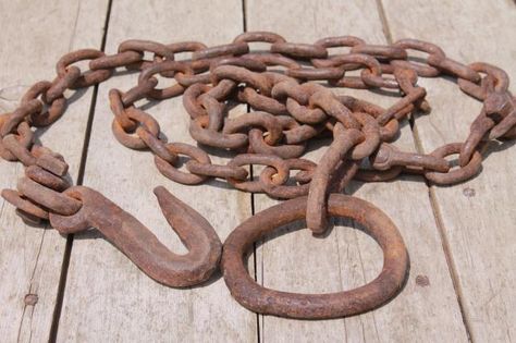 antique logging chain w/ large hand forged iron ring farm tool for towing, skiding & stump pulling Iron Rust, Hanging Light Lamp, Farm Tools, Iron Ring, Rain Chain, Antique Tools, Hand Forged Iron, Rustic Lamps, Wooden Beams