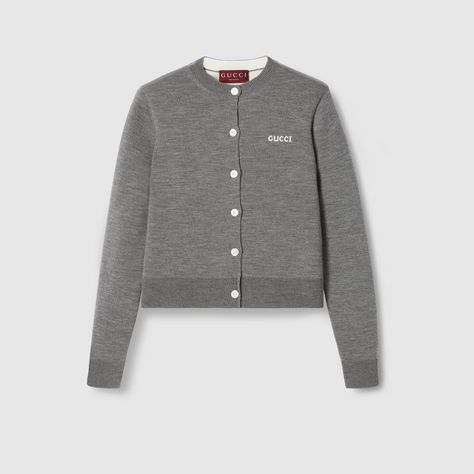 Wool jacquard cardigan in grey mélange | GUCCI® US Gucci Cardigan, Jacquard Cardigan, Cardigans For Women, Personal Style, Jumper, Ready To Wear, Knitwear, Gift Wrapping, Gucci