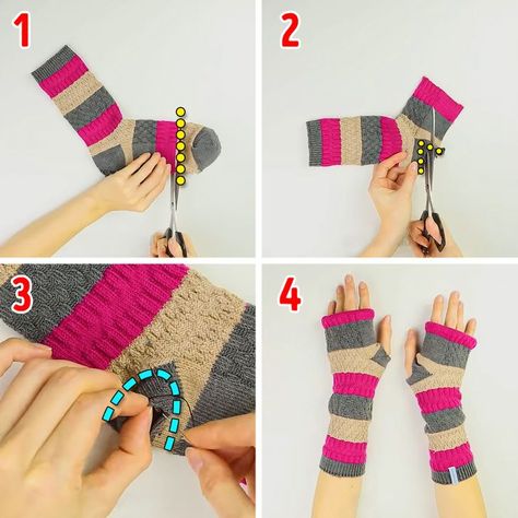 Diy Gloves From Socks, Sock Gloves Diy, Fingerless Gloves From Old Sweaters, How To Make Fingerless Gloves From Socks, How To Make Gloves Out Of Socks, Old Socks Ideas, How To Make Gloves, Diy Hand Warmers, Diy Mittens