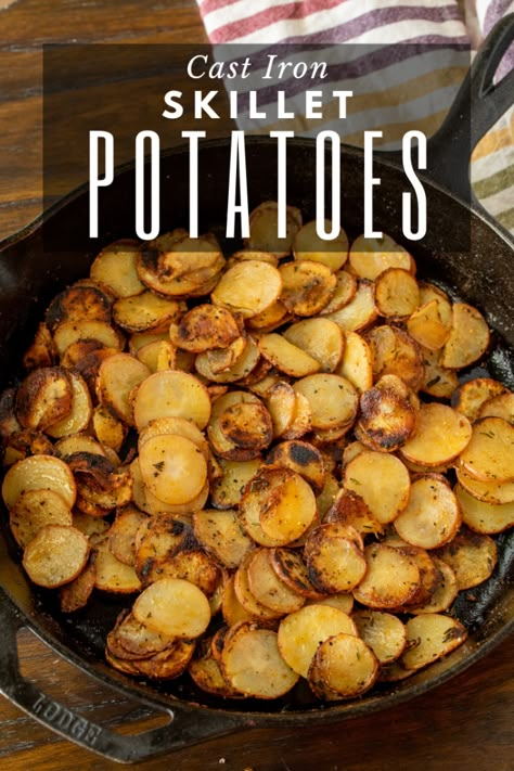 These skillet potatoes are the quintessential comfort food. They're perfectly fried and bursting with flavor, making them the ultimate side for all of your breakfast or dinner entrees. Cast Iron Skillet Potatoes, Iron Skillet Potatoes, Grilling Recipes Sides, Skillet Potatoes, Iron Skillet Recipes, Skillet Cooking, Grilled Potatoes, Cast Iron Skillet Recipes, Iron Recipes