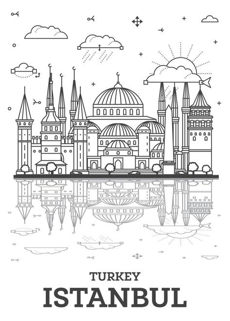 Outline Istanbul Turkey City Skyline with Historic Buildings and Reflections Isolated on White. Istanbul Cityscape with Landmarks. Istanbul Skyline, Turkey Drawing, Turkey City, Canvas Inspiration, Islamic Things, Lines Art, Istanbul Turkey, Historic Buildings, City Skyline