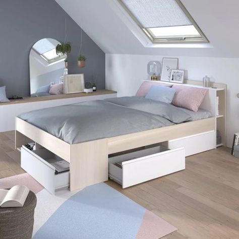 Lit 2 personnes avec tiroirs intégrés Aesthetic Bedroom, Slow Living, Dream Room, Preston, Toddler Bed, Bedroom, Bed, Furniture, Home Decor