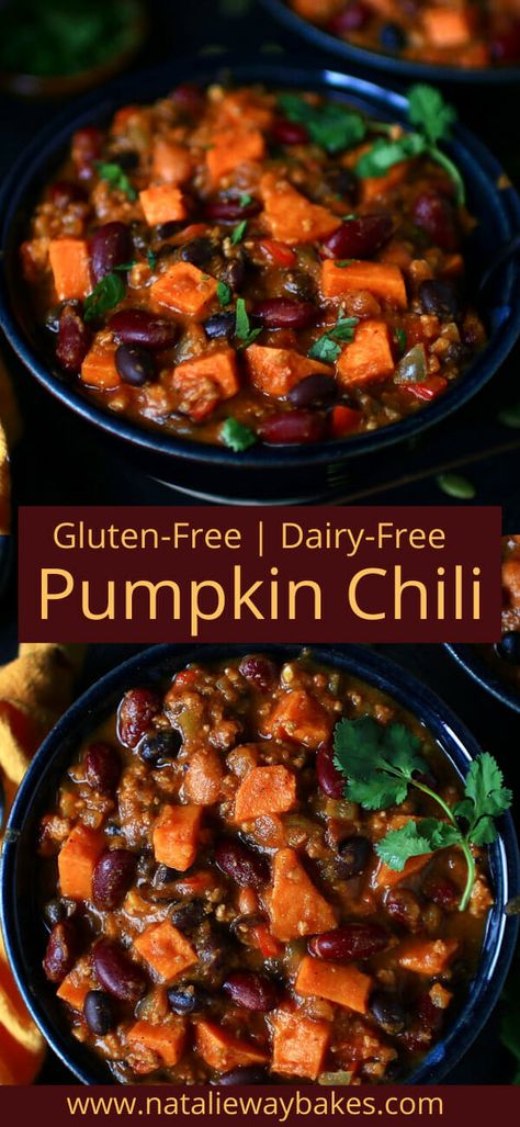 Soup Recipes Dairy Free Gluten Free, Thanksgiving Recipes Gluten And Dairy Free, Dairy Free Chilli Recipe, Best Gluten Free Chili Recipe, Pumpkin Chilli Recipe, Autumn Chili Recipe, Gluten Free Pumpkin Chili, Gluten Free Chili Recipe Crockpot, Gluten Dairy Free Chili