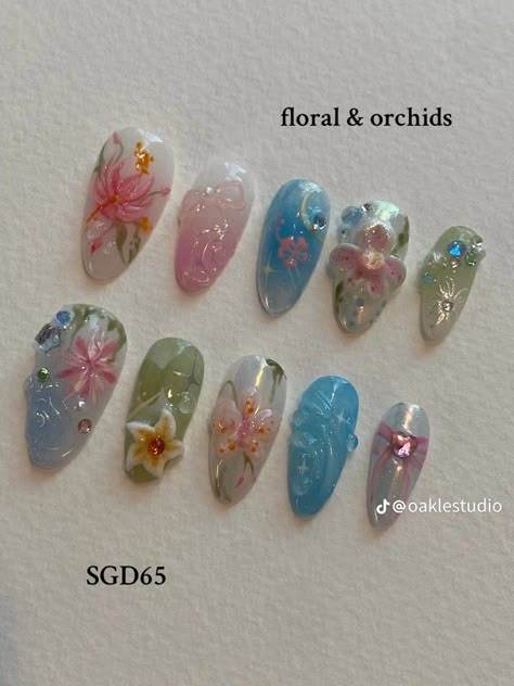 Spring Nails Inspiration, Nail Art Aesthetic, Press On Nail Art, Orchid Nails, Aesthetic Floral, Grunge Nails, Summery Nails, Pretty Gel Nails, Soft Nails