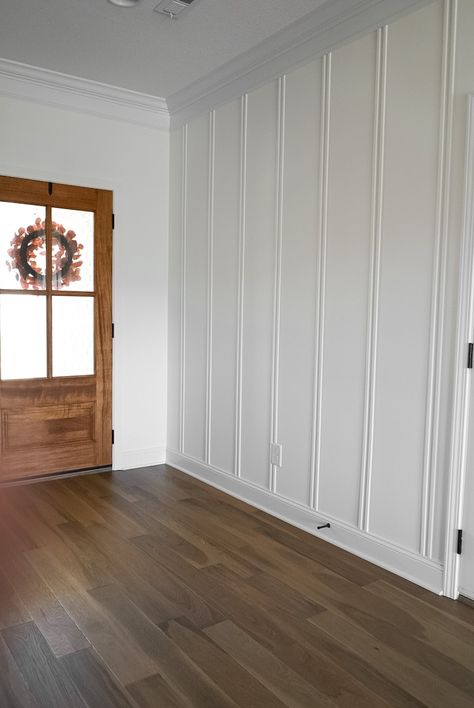 DIY Board and Batten Accent Wall - Love Letters 1x2 Accent Wall Vertical, Board And Batten End Of Hallway, Accent Wall Around Door, Ornate Board And Batten, Trim Board Accent Wall, Entry Way Accent Wall Wood, Board And Barton Stairwell, Small Entry Accent Wall, Fluted Board And Batten