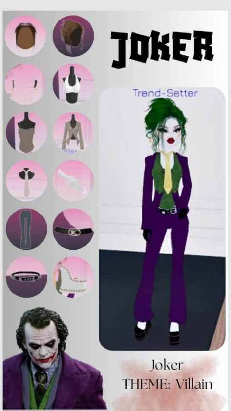 joker in dti (dress to impress) Dti Outfits Theme Joker, Dti Costume Party Free, Villans Dress To Impress, Cosplay Dress To Impress Roblox Game, Daredevil And Troublemakers Dti Outfit, Spider Man Dti Outfit, Dare Devils And Troublemakers Outfit Dress To Impress, Dress To Impress Roblox Game Outfit Ideas Theme Costume Party, Dti Outfits Ideas Villain