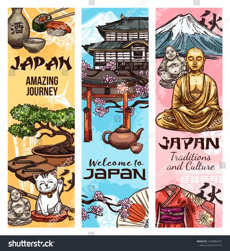 Japan culture and traditional symbols and landmarks, vector banners. Japanese Fuji mount, temple and Buddha statue with geisha kimono, sushi and sake, tea ceremony and torii gate, sakura and bonsaiJapanese#banners#Fuji#temple Japan Culture Traditional, Japan Culture Aesthetic, Japanese Culture Traditional, Japan Traditional Art, Japan Decoration, Japan Culture Art, Cherry Blossom Drawing, Japanese Culture Art, Geisha Kimono