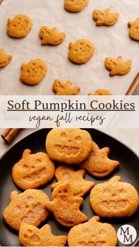 Trending Fall Recipes, Pumpkin Spice Cookies Vegan, Halloween Cookies Healthy, Halloween Cookies Vegan, Vegan Gluten Free Halloween Recipes, Pumpkin Treat Recipes, Gf Halloween Treats, Vegan Autumn Baking, Halloween Baking Healthy