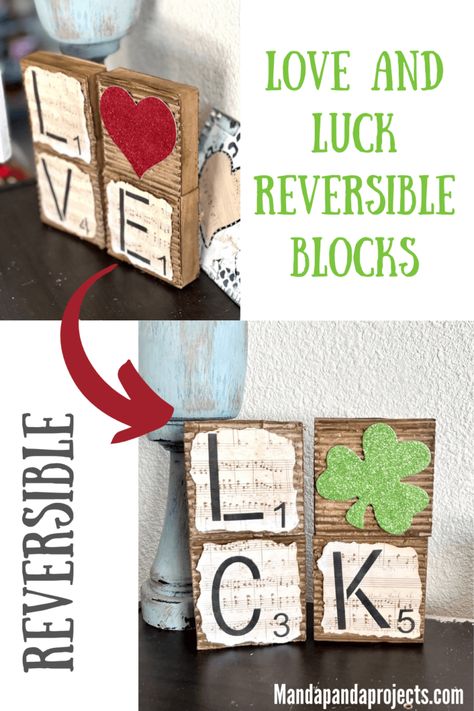 St Patrick's Day Decor Diy, Reversible Holiday Decor, St Patrick’s Day Decorations Diy, Reversible Blocks Diy, Panda Project, Valentine Wood Crafts, 2x4 Crafts, Reversible Blocks, Love And Luck