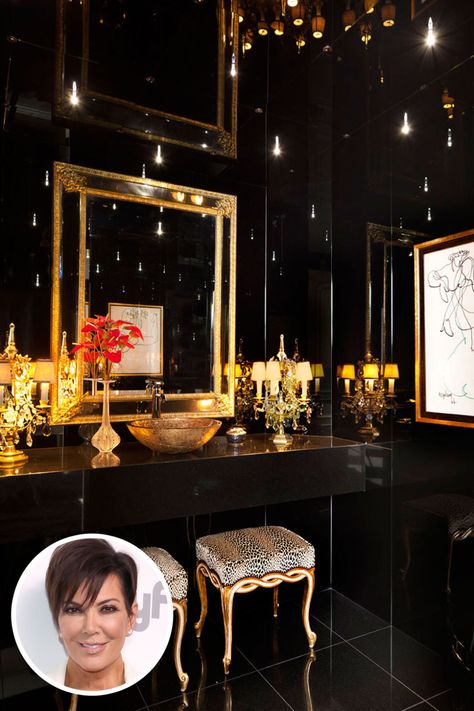 Kris Jenner's Bathroom  - ELLE.com Sconces Mirror, Celebrity Bathrooms, Black And Gold Bathroom, Dark Bathrooms, Gorgeous Bathroom, Powder Rooms, Gold Bathroom, Bathroom Design Luxury, Donatella Versace