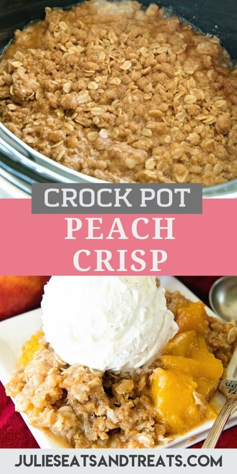 Crock Pot Peach Crisp is made with fresh peaches and topped with a crumble oat topping. We use juicy, fresh peaches that make this the best peach dessert ever that's cooked in your slow cooker so it doesn't heat up the house in the summer. Don't forget the scoop of ice cream on top or whipped cream. #peach #crisp Crockpot Cobbler, Crockpot Peach Cobbler, Peach Crisp Recipe, Cobbler Easy, Peach Pie Filling, Crockpot Dessert Recipes, Peach Dessert Recipes, Peach Crumble, Peach Cobbler Easy