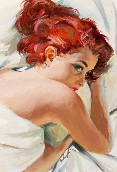 Red-Head in Bed (detail) by Jim Schaeffing (1920-?) Tempera on Board Magazine Story Illustration, c. 1950 Story Illustration, Magazine Illustration, Red Head, Tempera, On Board, Red Hair, Magazine, Bed, Red