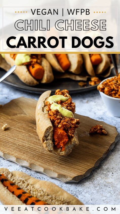 Vegan Chili Cheese Dogs, these bad boy hot dogs are perfect for comfort meal. A reinvent classic recipe made plant based with a homemade vegan queso sauce and chili sauce. A great party food, BBQ. Use carrot dogs or hot dogs you prefer. Whole food plant based ingredients for a vegan hot dog recipe. Vegetarian Hot Dogs with vegan chilli . #veganhotdogs #veganchili #vegandinner Smoked Vegan Recipes, Vegan Hot Dog Chili, Whole Food Plant Based Dinner, Chili Dog Recipe, Vegan Superbowl, Vegetarian Hot Dog, Queso Sauce, Veggie Sandwiches, Salsa Chili