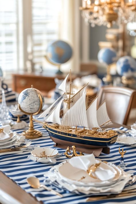 🚢 Set sail with the Steamship Voyage baby shower theme! Decorate with nautical elements, anchors, and vintage maps. 🌊 Include sailor hats for guests and serve seafood appetizers. Let's make your baby shower a grand voyage to remember! ⚓🌅 Sailboat Party Theme, Boat Baby Shower Ideas, Unusual Baby Shower Themes, Ahoy Its A Boy Baby Shower Ideas, Sailor Baby Shower Theme, Vintage Baby Shower Theme, Nautical Baby Shower Theme, Nautical Table Decor, Hall Themes