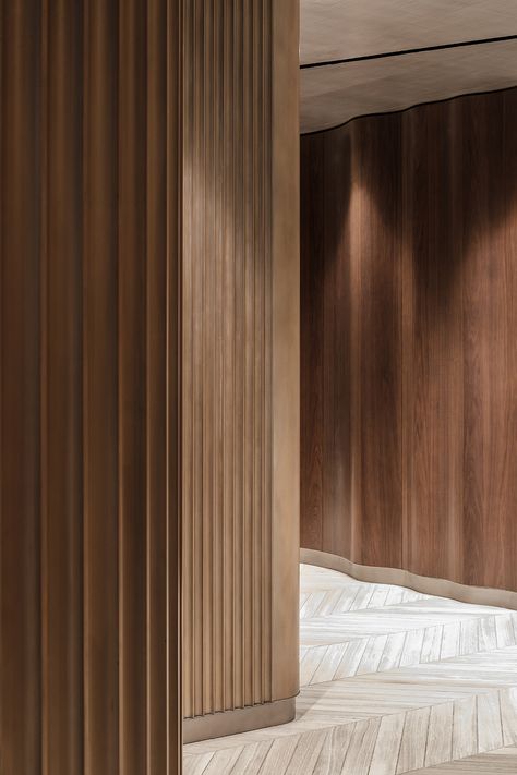 Chelsea Mercantile Feature Walls - Amuneal: Magnetic Shielding & Custom Fabrication Joinery Details, Wall Panel Design, Timber Panelling, Wood Cladding, Feature Walls, Lobby Design, Wall Cladding, Wall Treatments, Wall Patterns