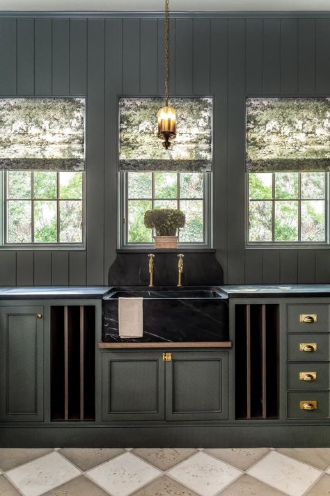 Black Marble Backsplash, Green Pantry, Flat Front Cabinets, Brass Faucets, Pantry Laundry, Cottage Style Kitchen, Galley Style Kitchen, Black Granite Countertops, Pantry Cabinets