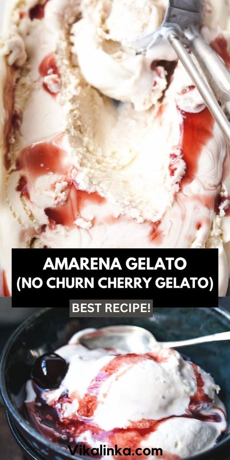 Are you familiar with Amarena Gelato? If not, you need to become friends!! This no churn vanilla gelato with sour cherry ribbons is luxuriously creamy and oh so tasty! Amarena Cherry Recipes, Vanilla Gelato Recipe, Italian Gelato Recipe, Cherry Gelato, Italian Cherries, Vanilla Gelato, Boozy Ice Cream, Gelato Recipe, Cherry Ice Cream