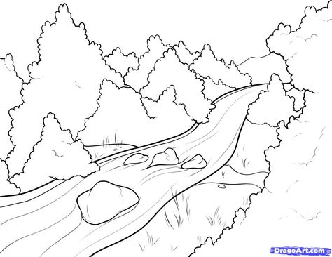 River River Drawing, Step By Step Sketches, Line Drawing Tattoos, Drawing Hair Tutorial, Water Drawing, Landscape Sketch, Guided Drawing, Tree Drawing, Drawing Images