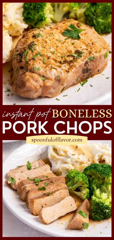 These Instant Pot Boneless Pork Chops cook in a pressure cooker to create juicy tender pork chops. Serve them with any of your favorite sides for a complete meal. Instapot Pork Chops, Instant Pot Boneless Pork Chops, Baked Boneless Pork Chop Recipes, Pressure Cooker Pork Chops, Baked Boneless Pork Chops, Pressure Cooker Pork, Boneless Pork Chop Recipes, Instant Pot Pork Chops, Tender Pork Chops