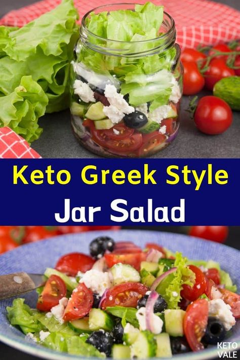 Keto Greek Style Jar Salad Low Carb Recipe Keto Greek, Tempura Recipe, Salad Jar Recipe, Jar Salad, Mason Jar Salad Recipes, Keto Salad, Jar Recipes, Low Carb Salad, Mason Jar Salad