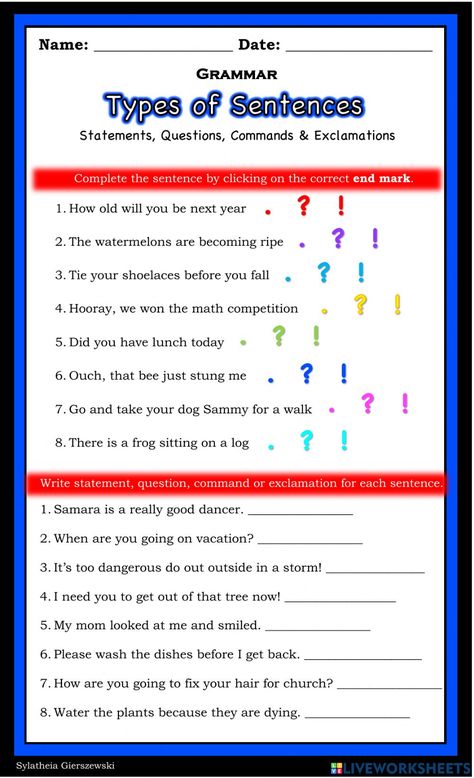 Statement Question Command Exclamation interactive worksheet for 3/4. You can do the exercises online or download the worksheet as pdf. Statement And Question Worksheet, Statement Question Command Exclamation, Create Worksheets, Exclamatory Sentences, Suffixes Worksheets, Kinds Of Sentences, Short Vowel Worksheets, Math Competition, Common And Proper Nouns